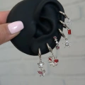 Çelik Silver Kırmızı Çiçekli 6 Lı Küpe Seti
