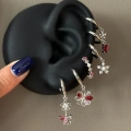 Çelik Silver Kırmızı Çiçekli 6 Lı Küpe Seti