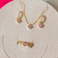 925 Ayar Gümüş Gold Açık Pembe Kalpli Set