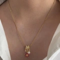 Çelik 3 Charmlı Koyu Pembe Çiçekli Kolye