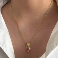 Çelik 3 Charmlı Koyu Pembe Çiçekli Kolye