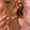 Çelik Çift Earcufflı Kelebekli 6 Lı Küpe Seti
