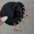 Çelik Kırmızı Çiçek Detay 6 Lı Küpe Seti