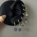 Çelik Silver Lacivert Çiçekli 6 Lı Küpe Seti