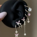 Silver Pembe Kelebek Detaylı 6 Lı Küpe Seti