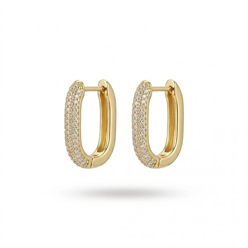 925 Ayar Gümüş İğneli Full Zirkon Taşlı Gold Oval Küpe