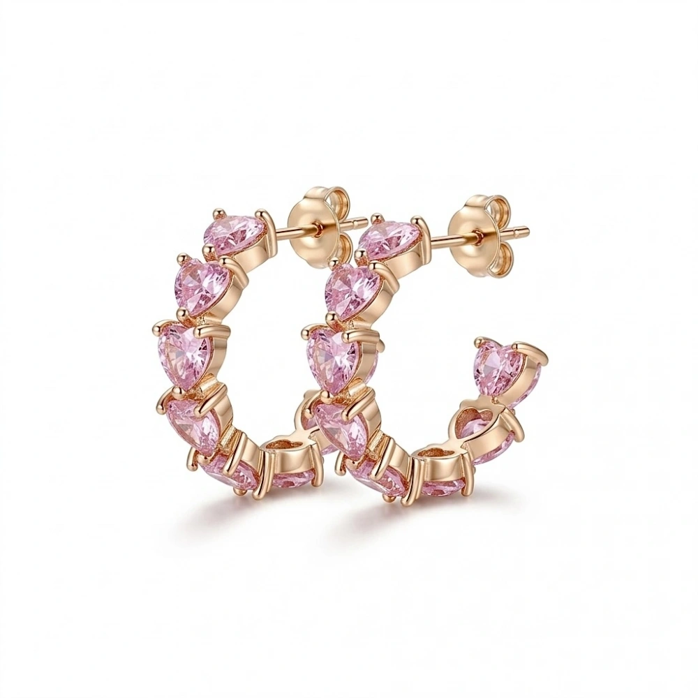 İthal Gold Pembe Kalp Taşlı Halka Küpe