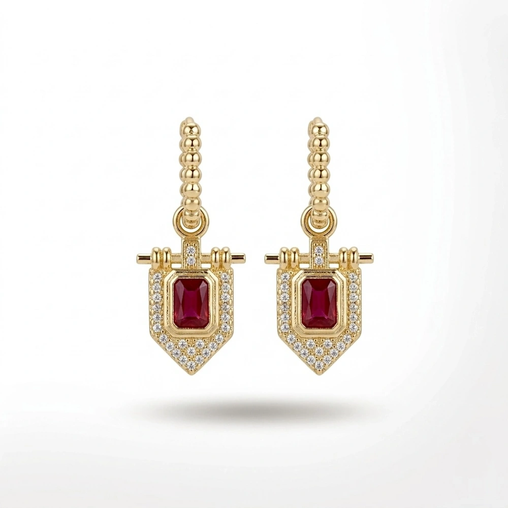 Kırmızı Taş Detaylı Küpe