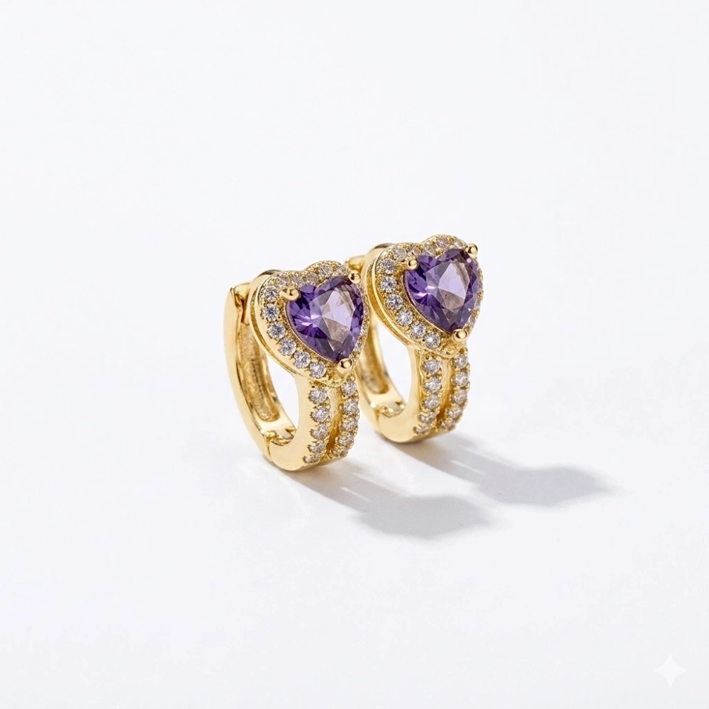 Çelik Gold Mor Kalp Küpe