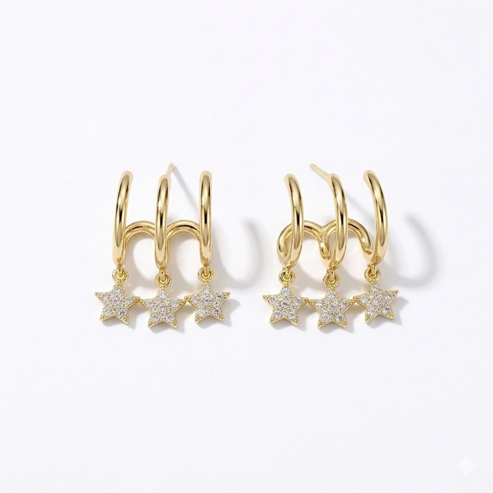 Çelik 3 Lü Yıldız Detay Küpe