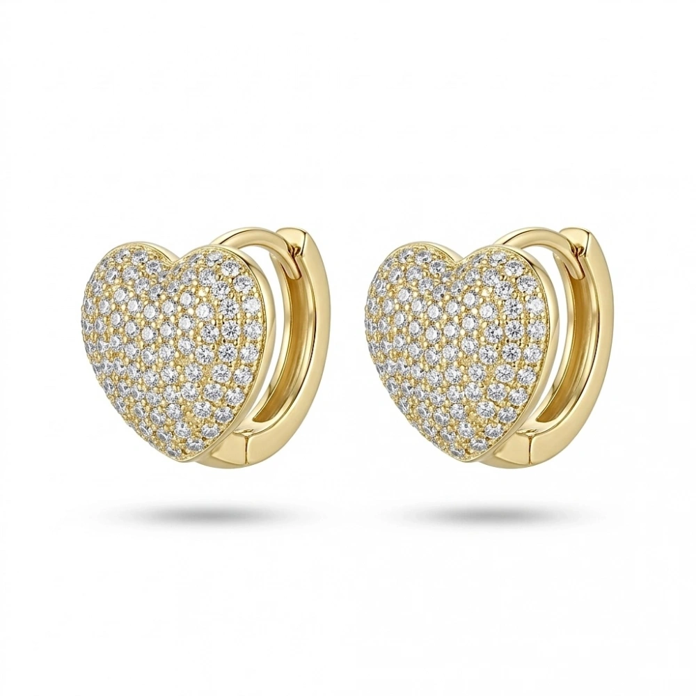 Vip Zirkon Taşlı Gold Kalp Küpe