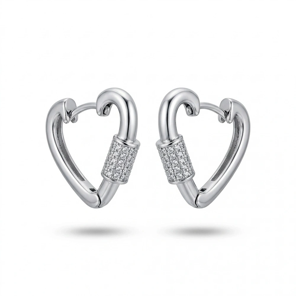 Çelik Silver Taş Detaylı Kalp Küpe
