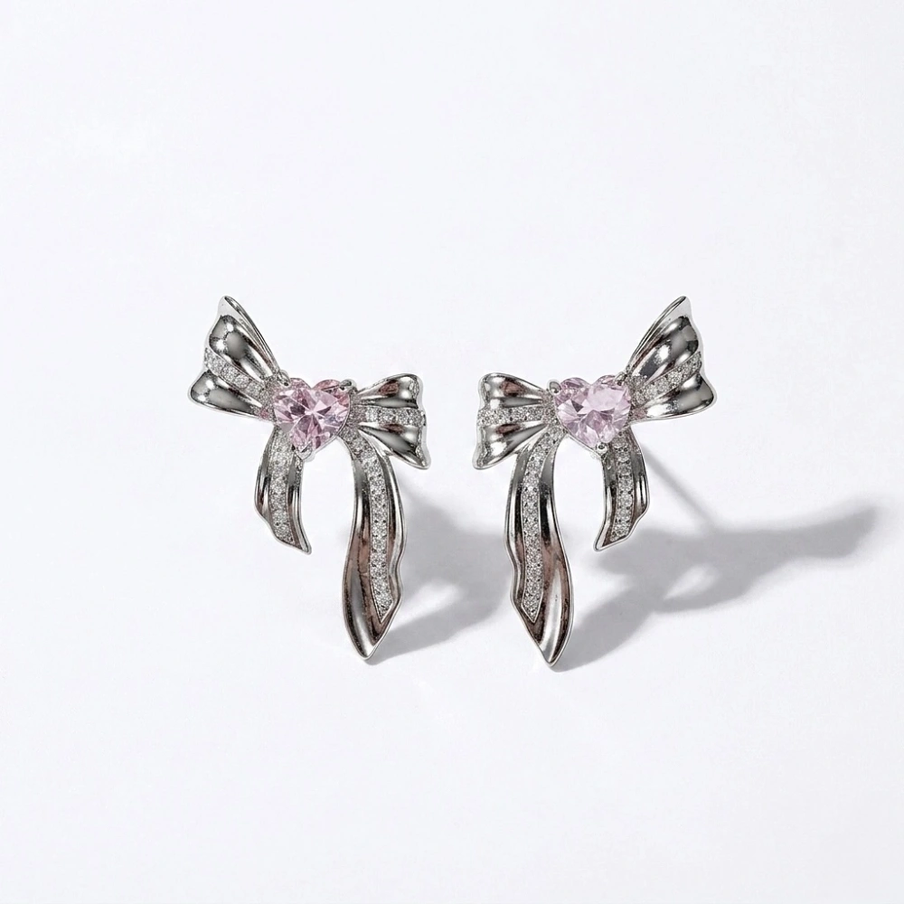 Silver Mini Pembe Taşlı Fiyonk Küpe