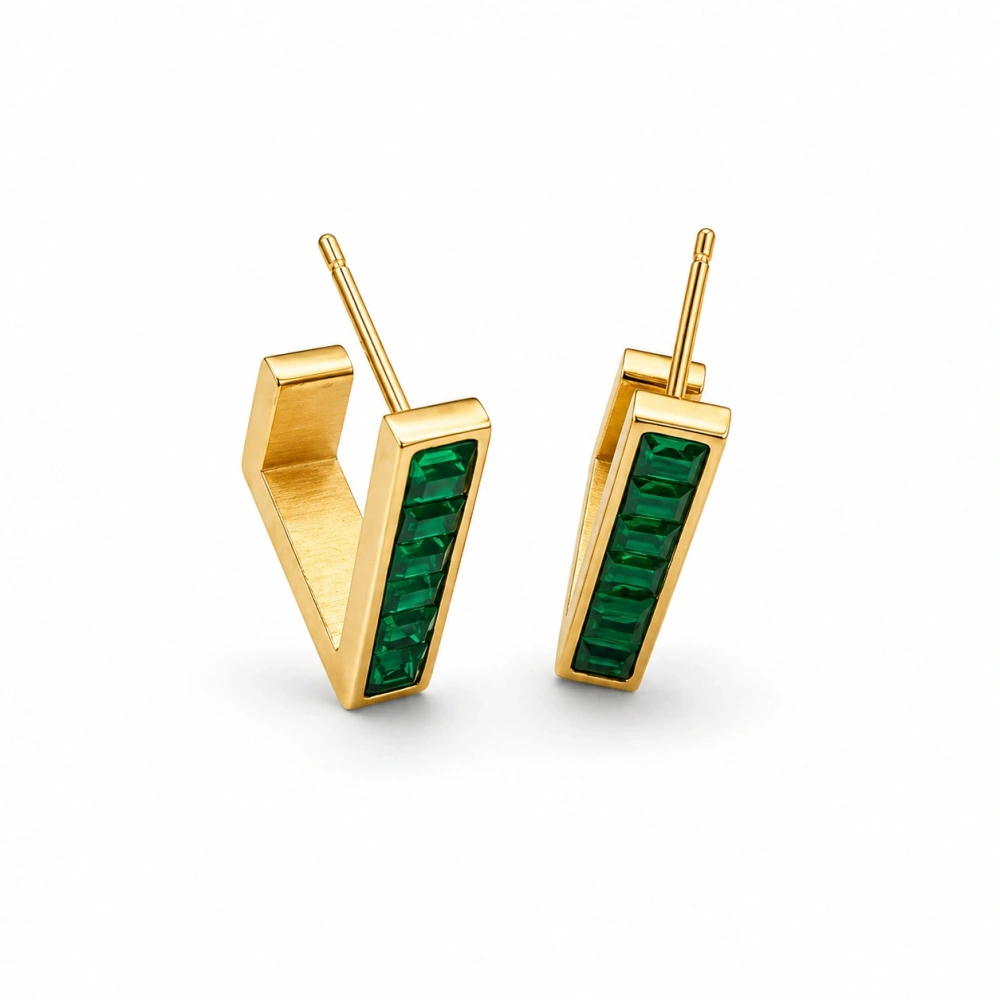 Yeşil Baget Taşlı Dikdörtgen Küpe