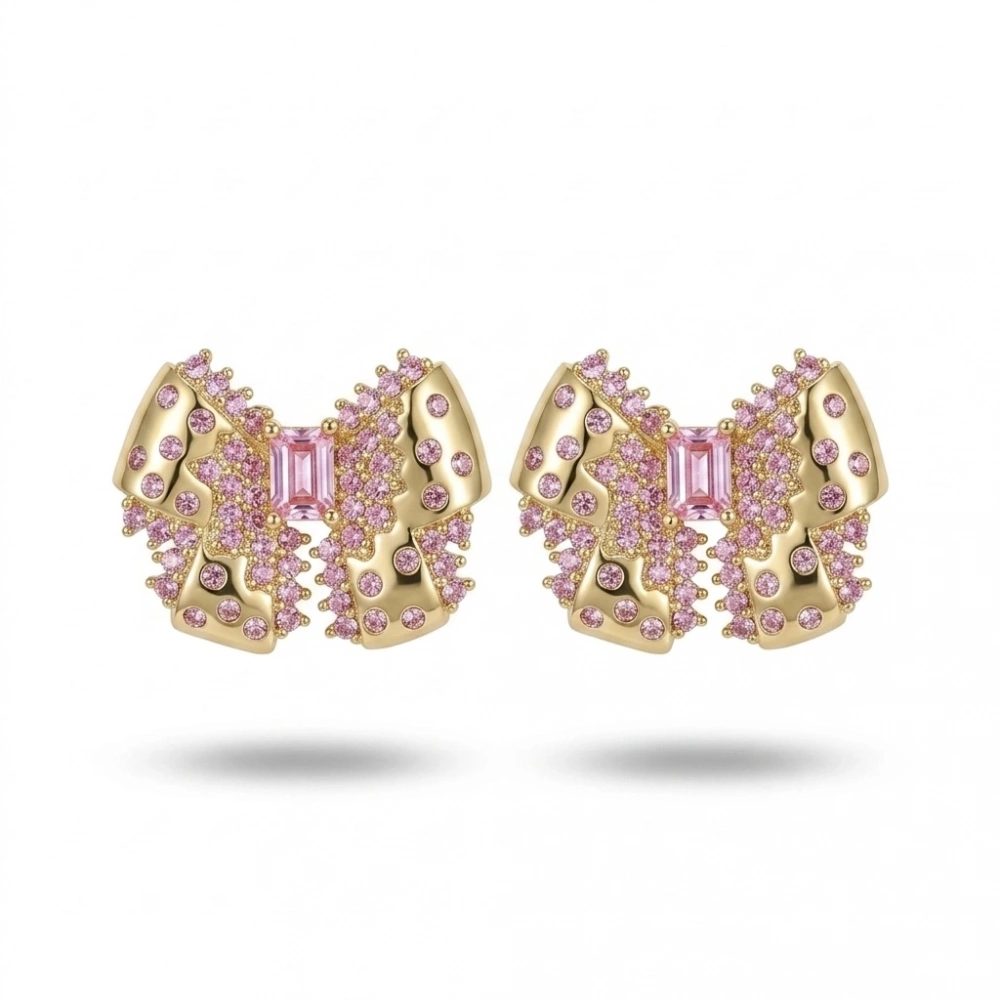 Çelik Pembe Taşlı Gold Fiyonk Küpe