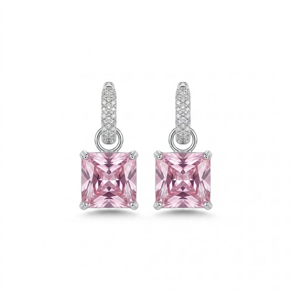 Çelik Pembe Kare Taşlı Küpe