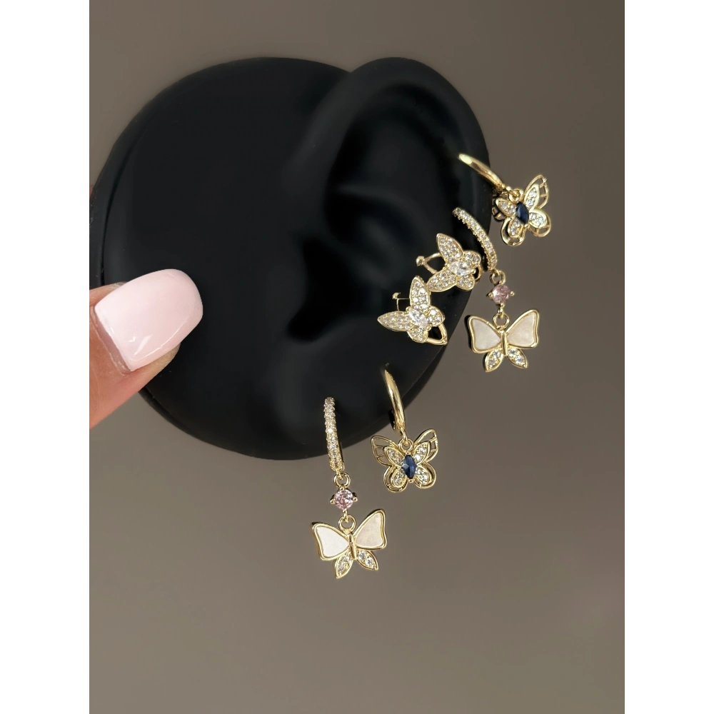 Çelik Çift Earcufflı Kelebekli 6 Lı Küpe Seti