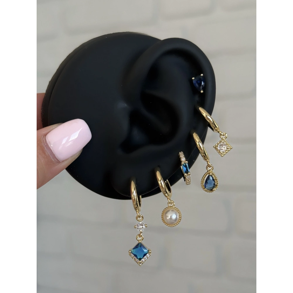 Çelik Gold Lacivert Taşlı 6 Lı Küpe Seti