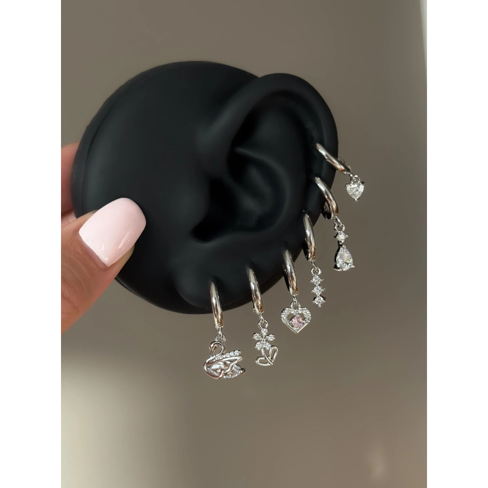 Çelik Silver Kuğu Detay 6 Lı Küpe Seti