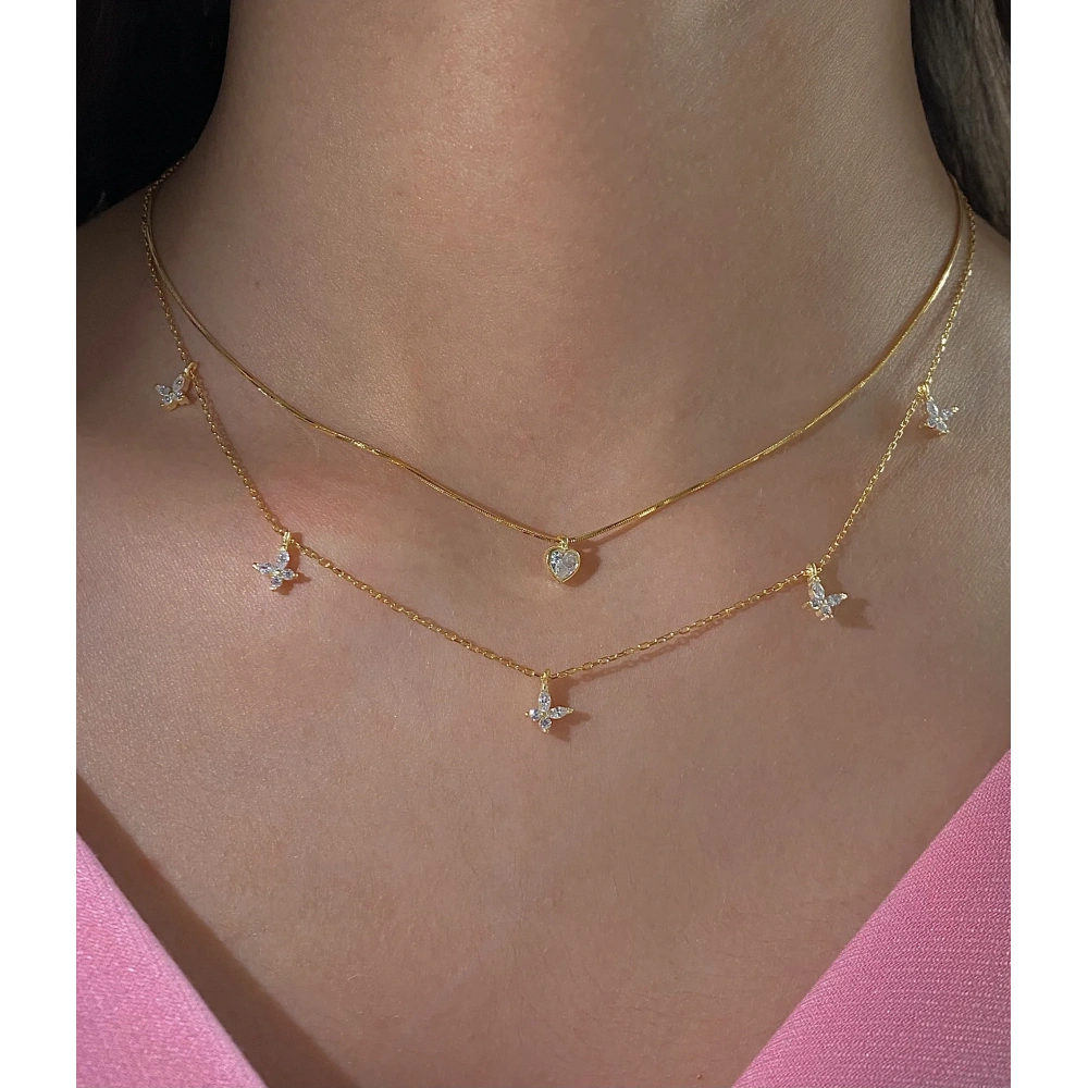 925 Ayar Gümüş Gold 5 Kelebekli Kolye