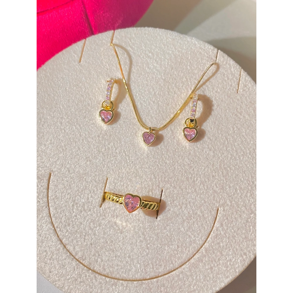 925 Ayar Gümüş Gold Açık Pembe Kalpli Set