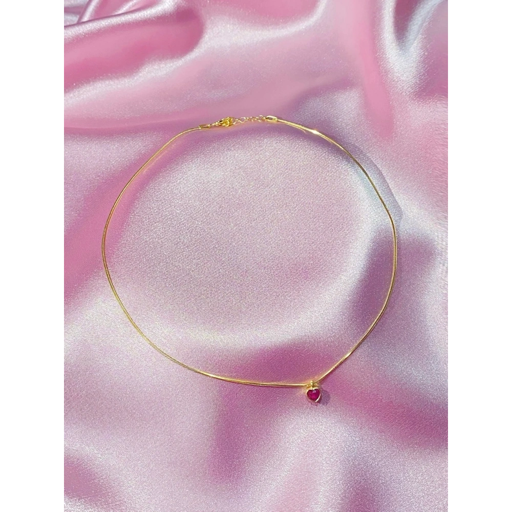 925 Ayar Gümüş Gold Koyu Pembe Kalp Choker