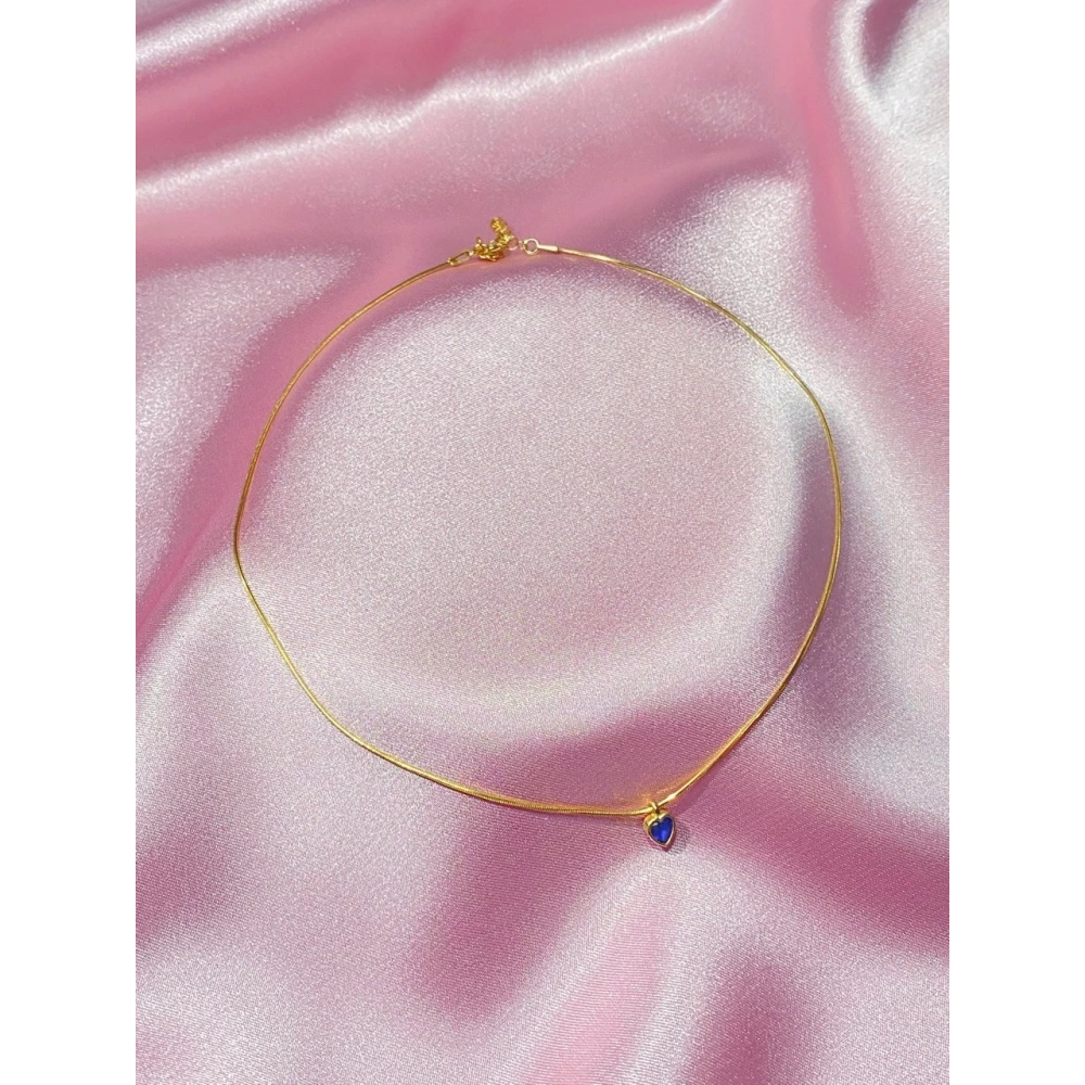 925 Ayar Gümüş Gold Lacivert Kalpli Choker