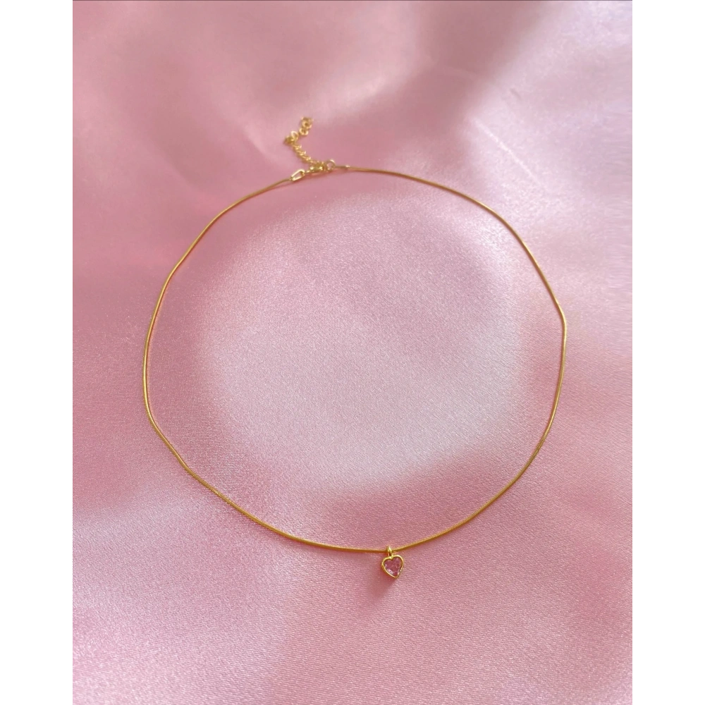 925 Ayar Gümüş Gold Mini Pembe Kalpli Choker