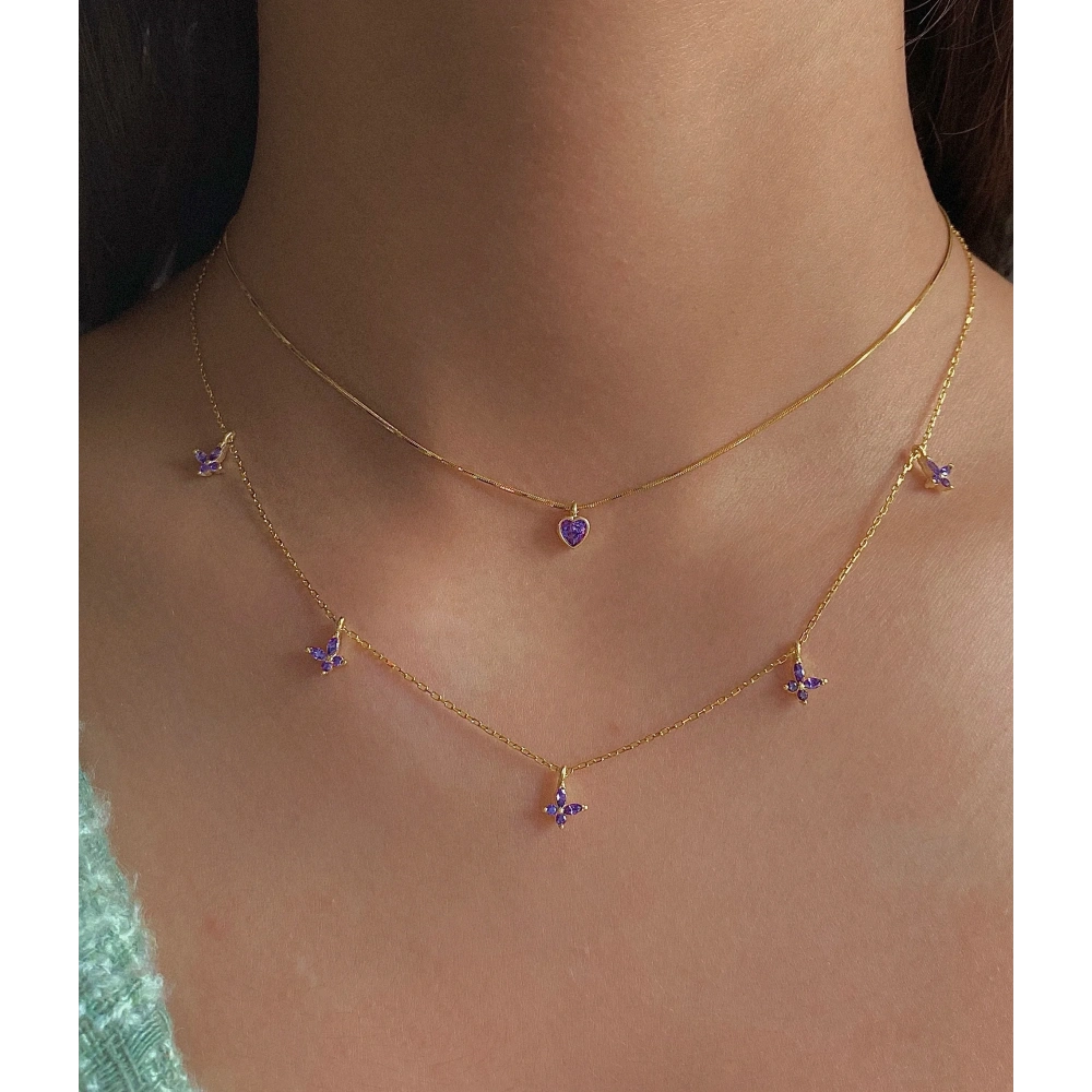 925 Ayar Gümüş Gold Mor Mini Kalp Choker