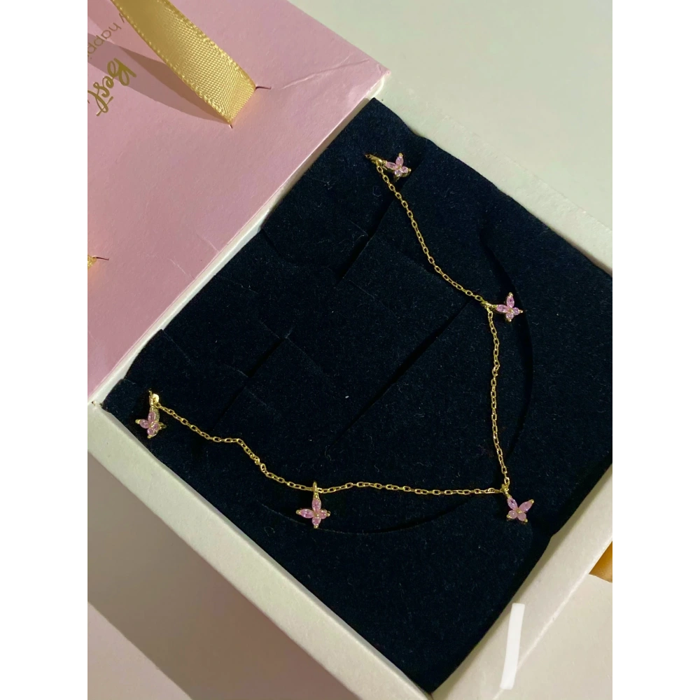 925 Ayar Gümüş Gold Pembe 5 Kelebekli Kolye