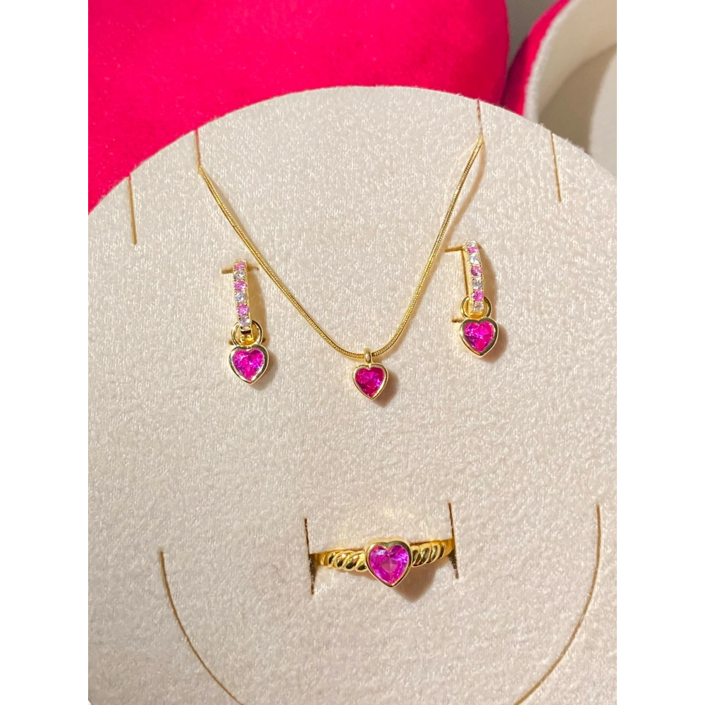 925 Ayar Gümüş Gold Pembe Kalpli Set