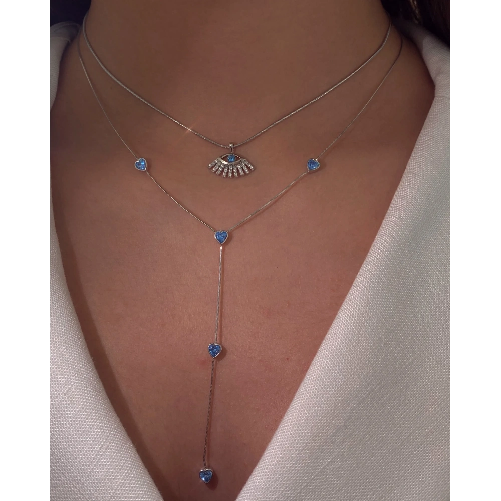 925 Ayar Gümüş Mavi Kalpli Tasarım Kolye