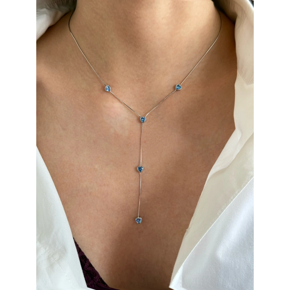 925 Ayar Gümüş Mavi Kalpli Y Kolye