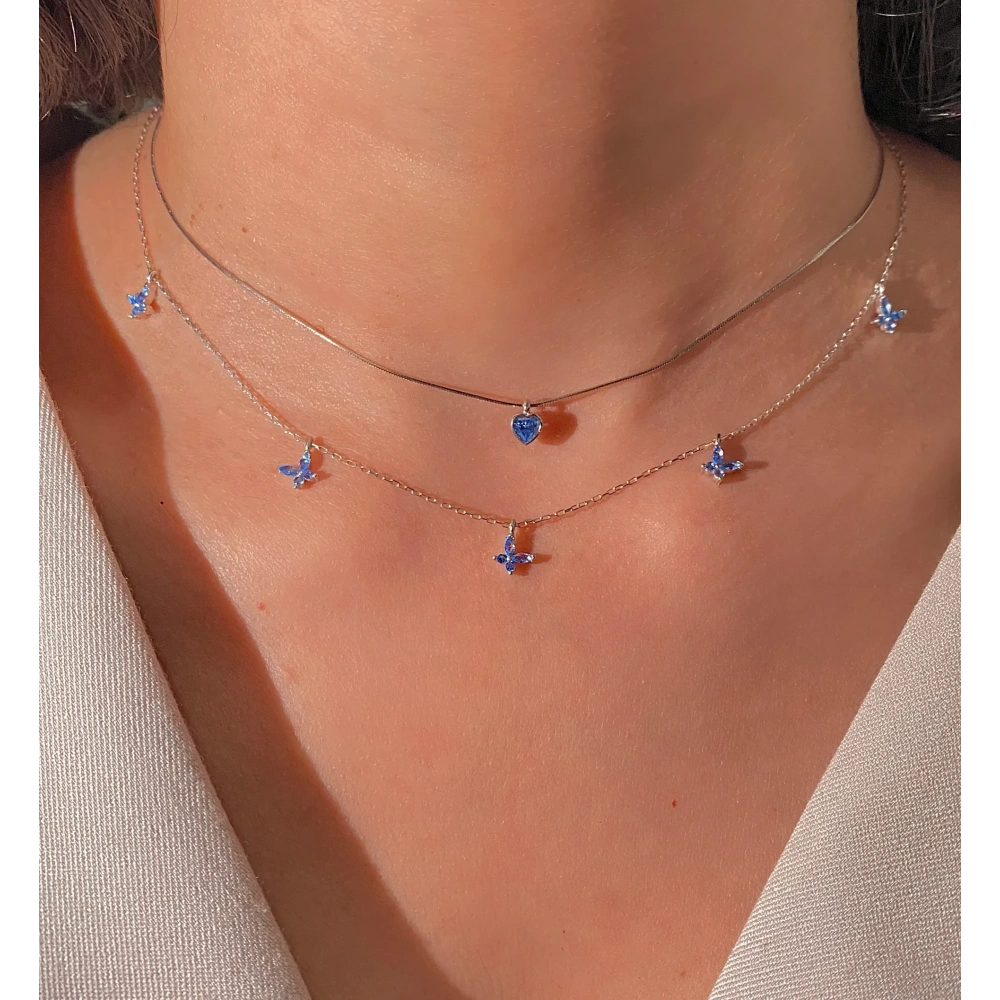 925 Ayar Gümüş Mavi Kelebek Detaylı Kolye