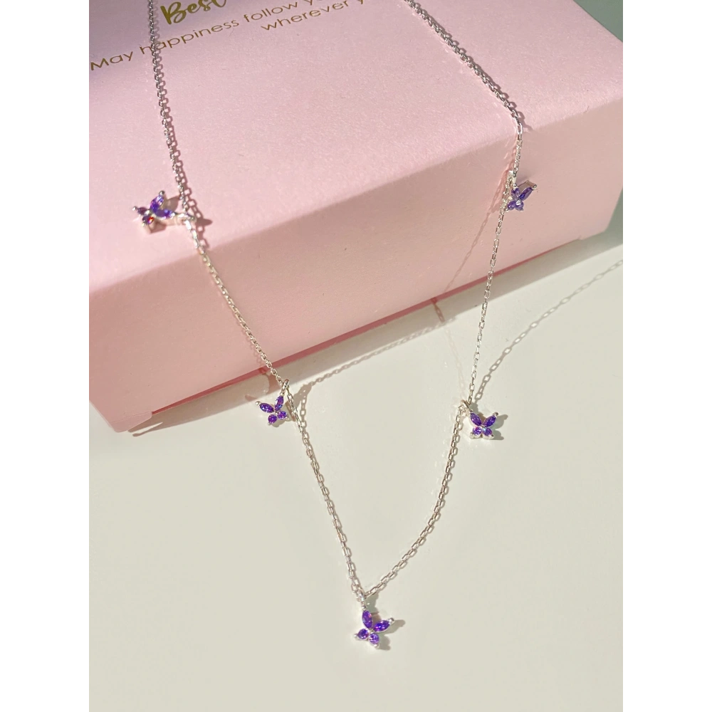 925 Ayar Gümüş Mor 5 Kelebekli Kolye