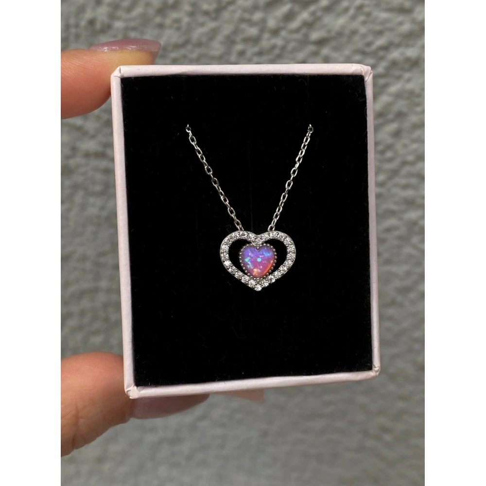 925 Ayar Gümüş Opal Taşlı Kalp Kolye