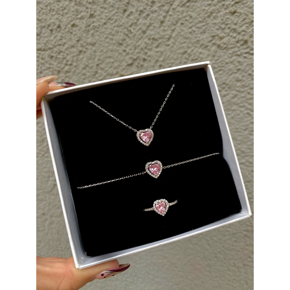 925 Ayar Gümüş Pembe Swarovki Kalpli Set
