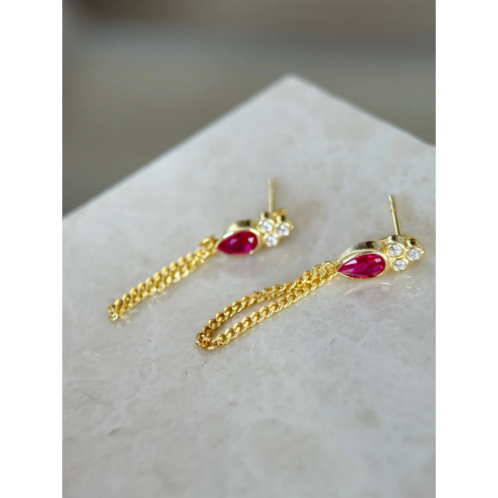 925 Ayar Gümüş Pembe Taşlı Zincir Küpe