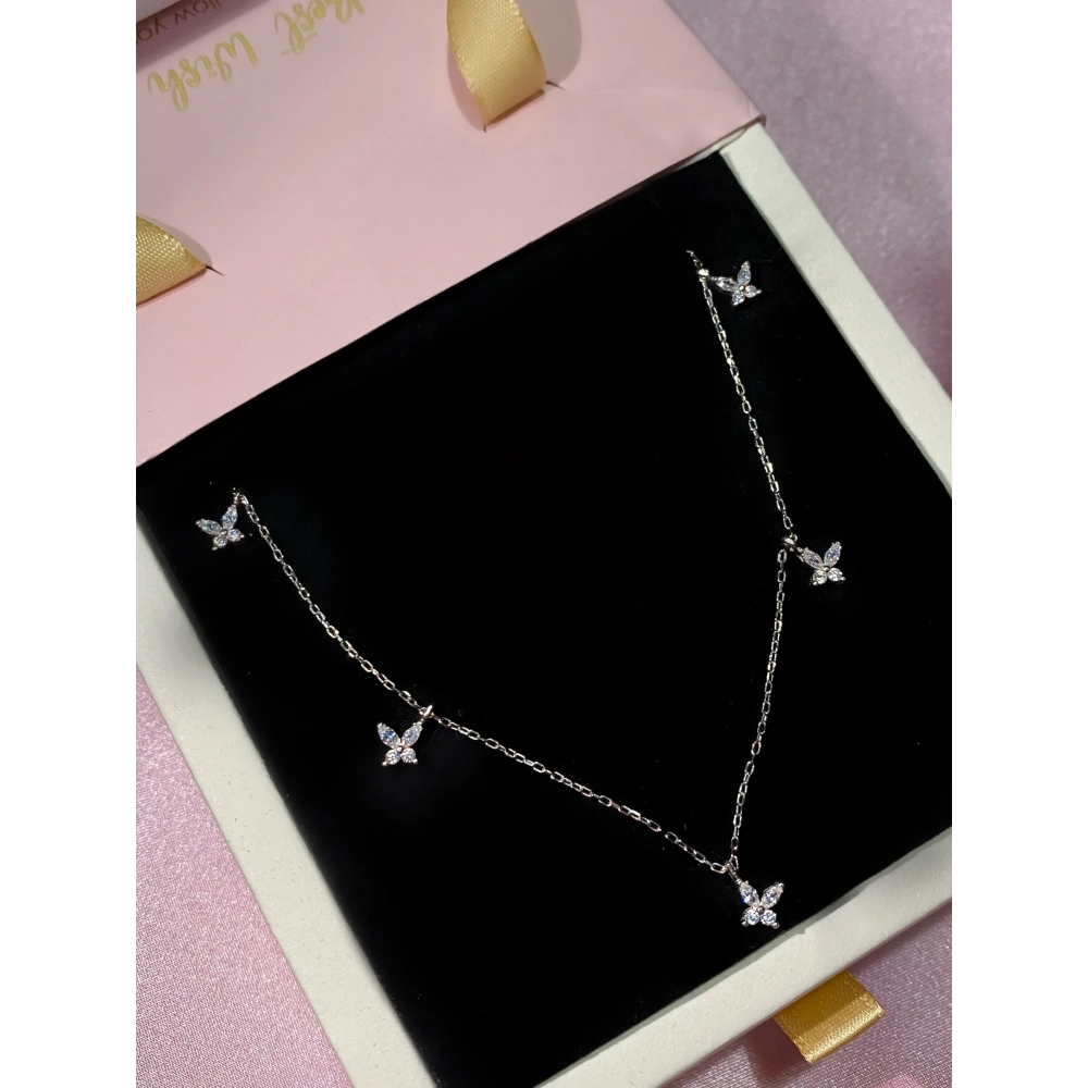 925 Ayar Gümüş Silver 5 Kelebekli Kolye