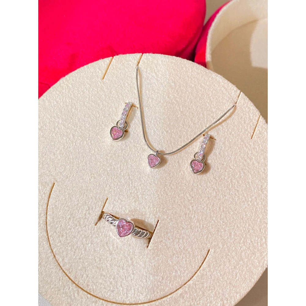 925 Ayar Gümüş Silver Açık Pembe Kalpli Set