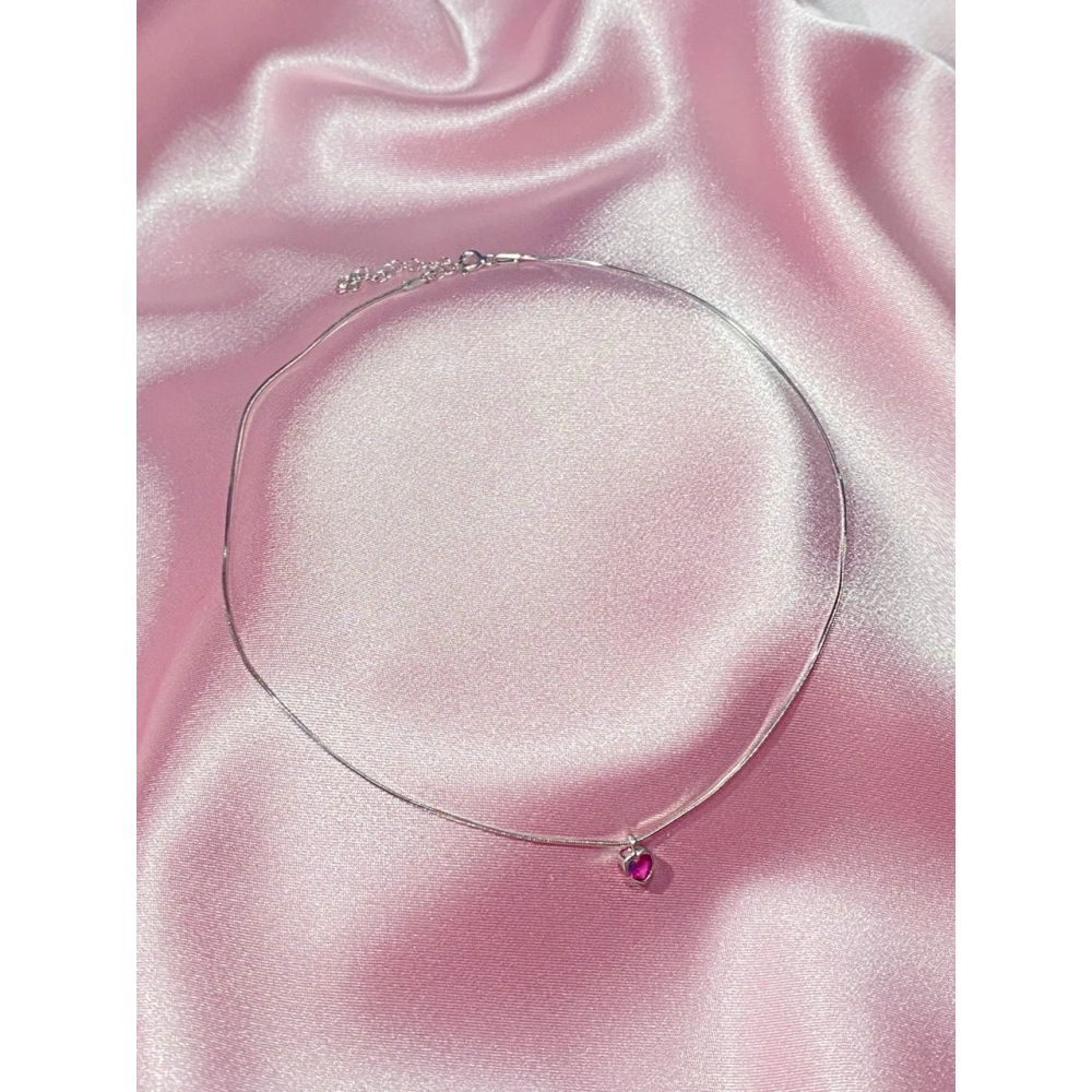 925 Ayar Gümüş Silver Koyu Pembe Kalpli Choker