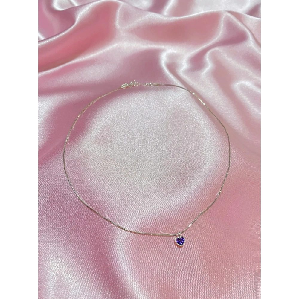 925 Ayar Gümüş Silver Mor Mini Kalp Choker