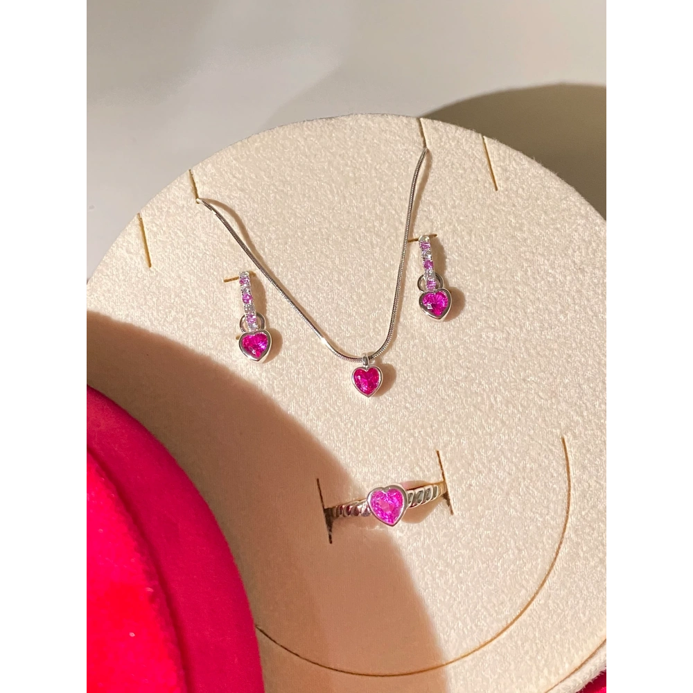 925 Ayar Gümüş Silver Pembe Kalpli Set