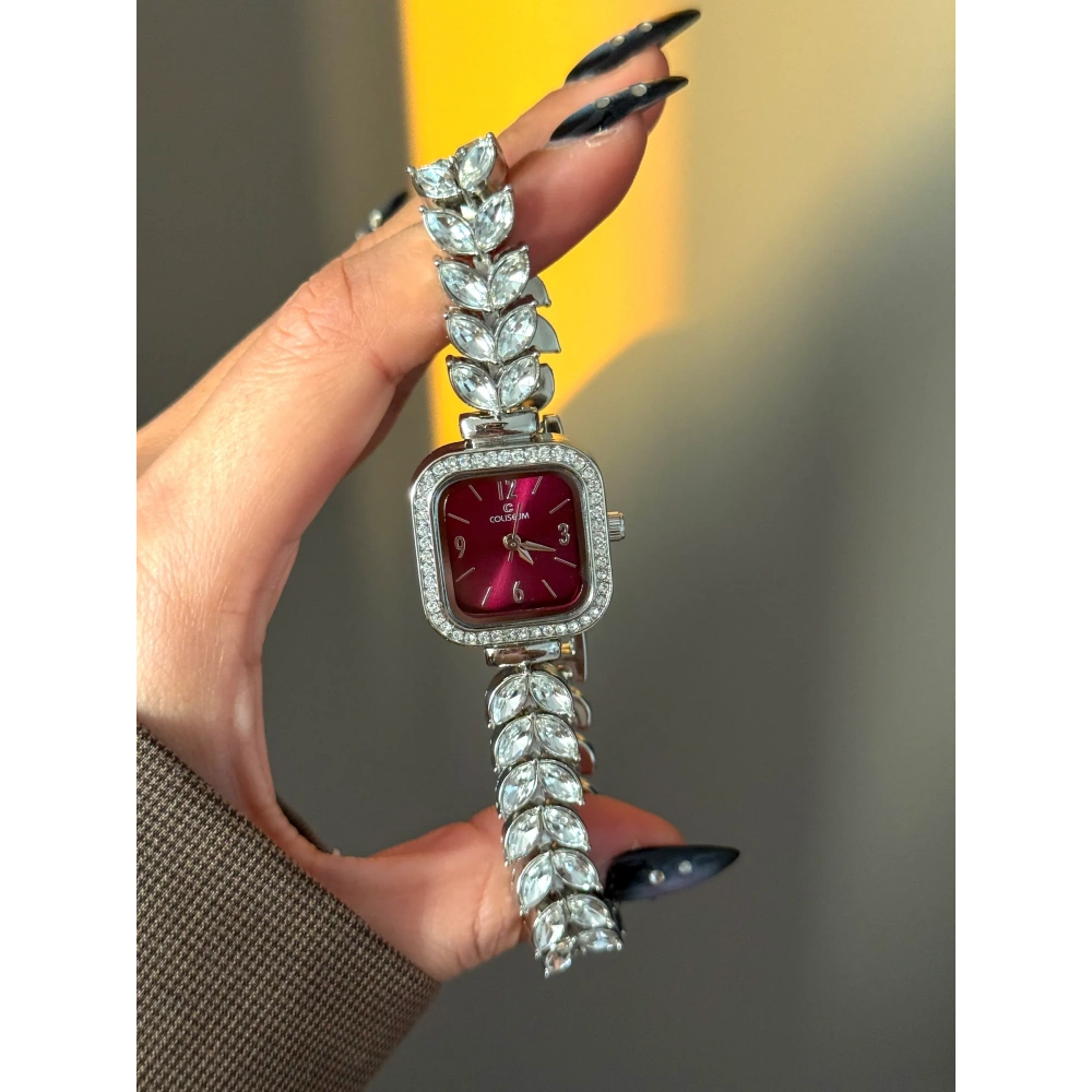 Bordo Kristal Taşlı Kol Saati