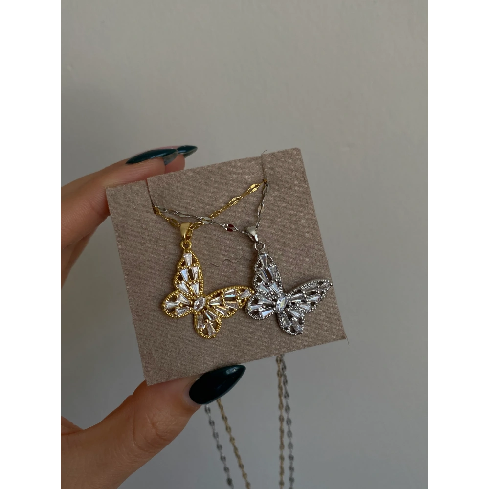 Çelik Baget Taşlı Kelebek Kolye