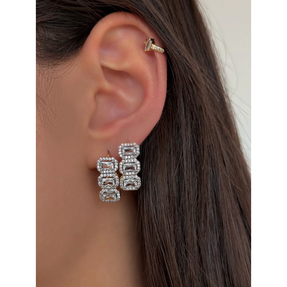 Çelik Baget Taşlı Tasarım Küpe