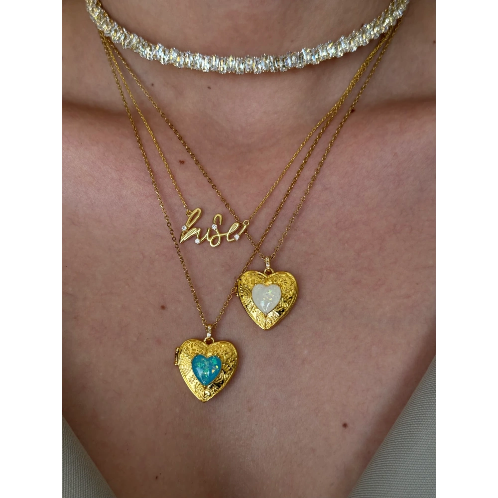 Çelik Beyaz Opal Taşlı Resimlik Detay Kolye