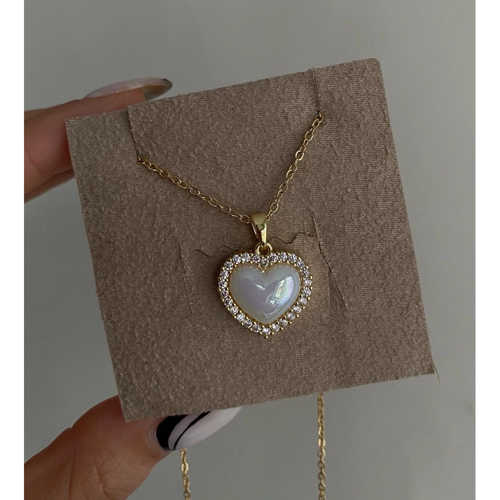 Çelik Beyaz Taşlı Kalp Kolye