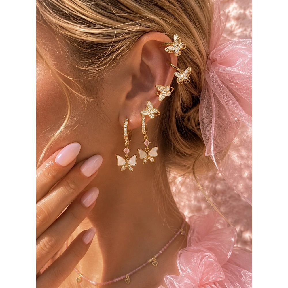 Çelik Çift Earcufflı Kelebekli 6 Lı Küpe Seti