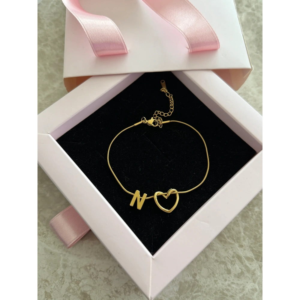 Çelik Düğüm Kalpli N Harfli Bileklik